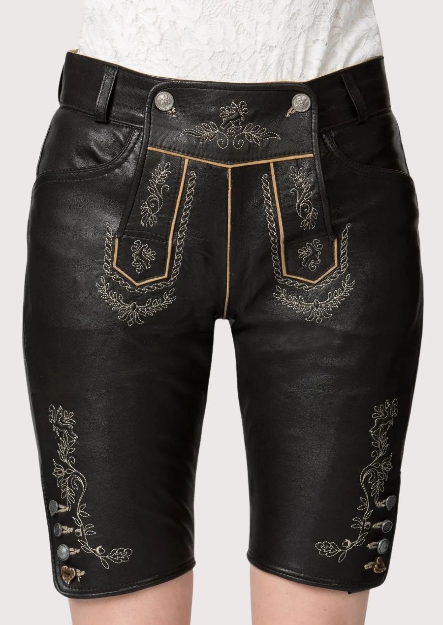 Black Lederhosen Oak Leaf Embroidery showcasing decorative embroidery and timeless Alpine craftsmanship.
