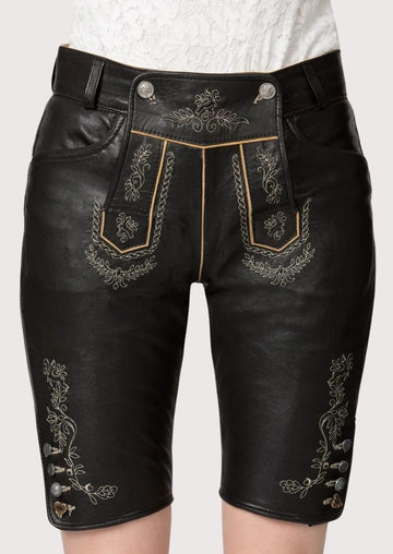 Black Lederhosen Oak Leaf Embroidery showcasing decorative embroidery and timeless Alpine craftsmanship.