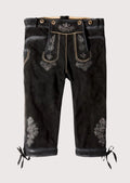 Black goatskin suede lederhosen pants with suspenders, silver embroidery, and traditional Bavarian styling
