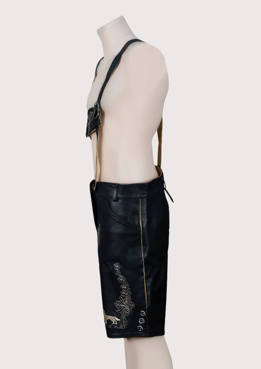 Midnight Lederhosen Wolf Embroidery with matching braces, decorative embroidery, and timeless German style