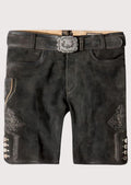 Charcoal black goatskin suede lederhosen featuring subtle Alpine embroidery and traditional Bavarian styling