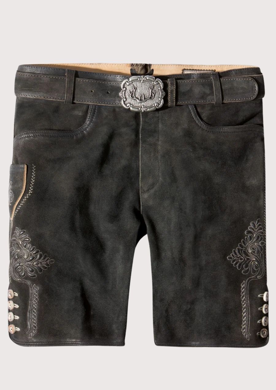 Charcoal black goatskin suede lederhosen featuring subtle Alpine embroidery and traditional Bavarian styling