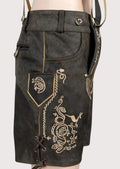 Men's black goatskin suede lederhosen with matching suspenders and traditional Bavarian embroidery details