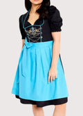 black oktoberfest dirndl blue trim with bright blue apron, decorative lace-up bodice, puff sleeves, traditional Bavarian Oktoberfest outfit, authentic German Trachten clothing.