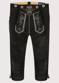 Men's Black Suede Bundhosen Silver Vine, embroidered front flap, traditional Bavarian craftsmanship, Alpine heritage design, and Oktoberfest styling