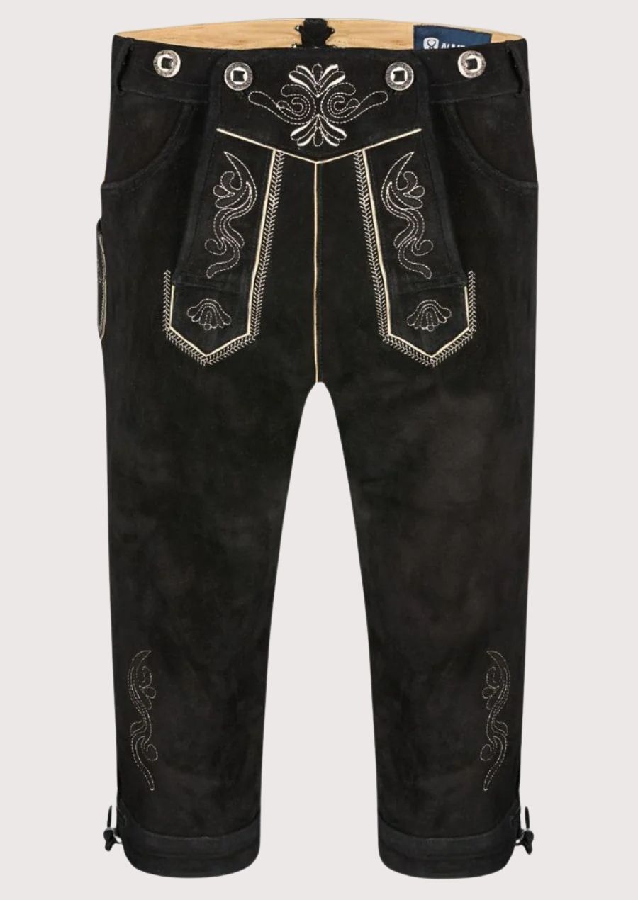 Men's Black Suede Bundhosen Silver Vine, embroidered front flap, traditional Bavarian craftsmanship, Alpine heritage design, and Oktoberfest styling