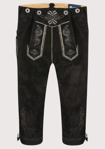 Men's Black Suede Bundhosen Silver Vine, embroidered front flap, traditional Bavarian craftsmanship, Alpine heritage design, and Oktoberfest styling