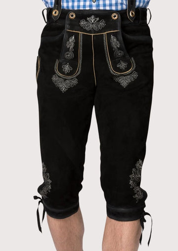 Black Suede Bundhosen with Braces heritage wear with decorative embroidery, leather braces, and timeless Bavarian appeal