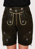 Women's heritage black lederhosen shorts with embroidered Edelweiss details, rustic suede texture, and classic Alpine charm.
