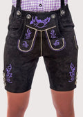 Black Suede Lederhosen Violet Vines showcasing ornate purple embroidery and traditional Bavarian craftsmanship.
