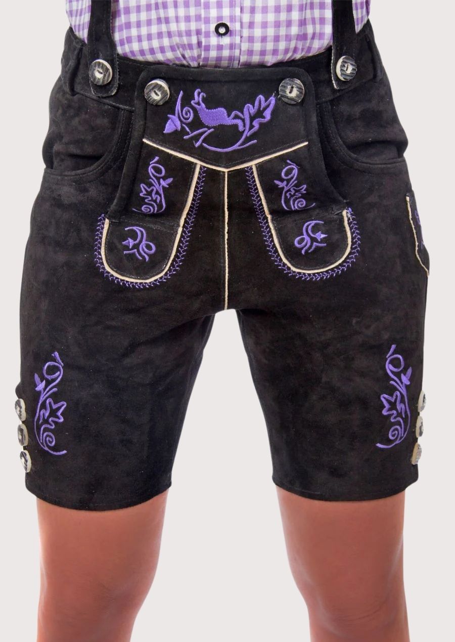 Black Suede Lederhosen Violet Vines showcasing ornate purple embroidery and traditional Bavarian craftsmanship.