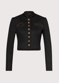 Black Trachten Wool Jacket with cropped fit, stand collar, premium wool fabric, and authentic Oktoberfest fashion.