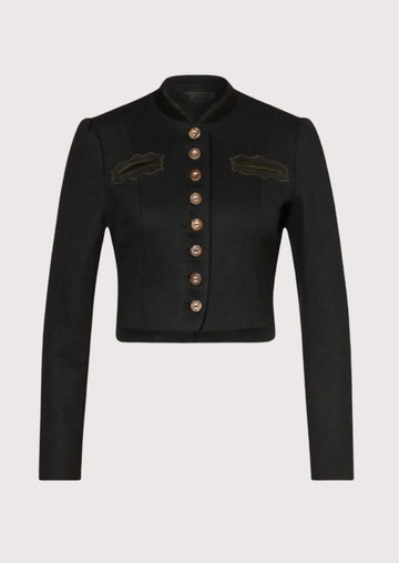Black Trachten Wool Jacket with cropped fit, stand collar, premium wool fabric, and authentic Oktoberfest fashion.