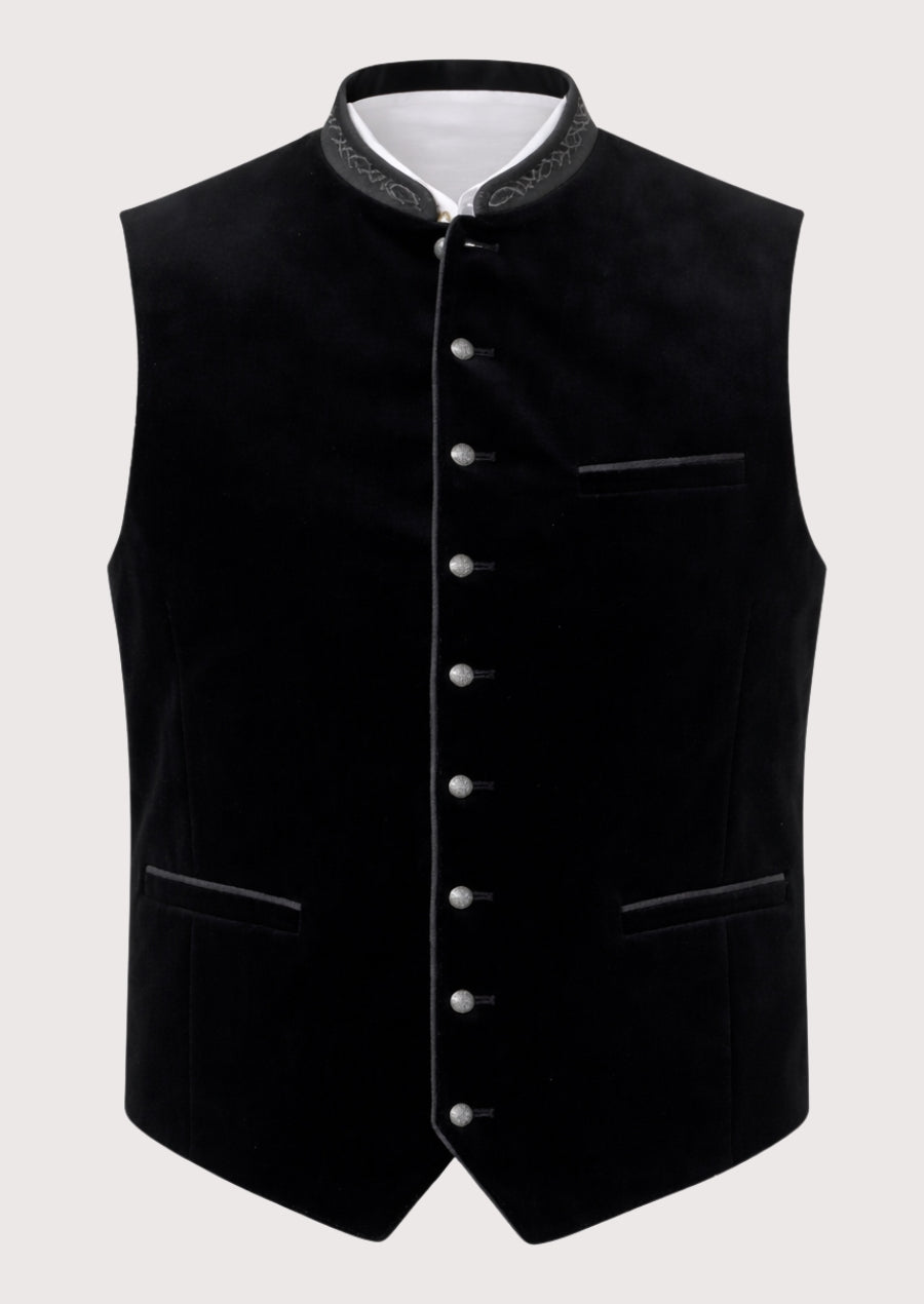 Black velvet Trachten vest for men with embroidered stand collar, Bavarian waistcoat, Oktoberfest vest, traditional German vest, Alpine heritage clothing, premium Trachten menswear.
