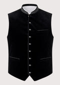 Black velvet Trachten vest for men with embroidered stand collar, Bavarian waistcoat, Oktoberfest vest, traditional German vest, Alpine heritage clothing, premium Trachten menswear.