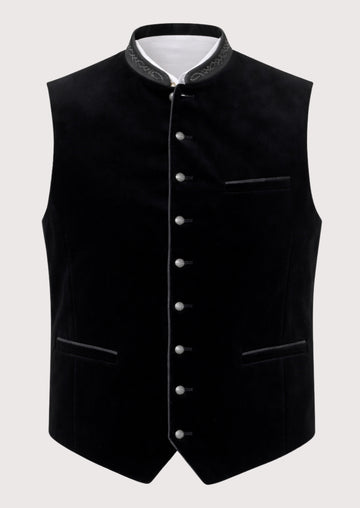 Black velvet Trachten vest for men with embroidered stand collar, Bavarian waistcoat, Oktoberfest vest, traditional German vest, Alpine heritage clothing, premium Trachten menswear.