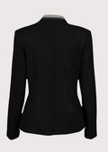 Black women’s alpine jacket with silver buttons and contrast piping.
