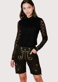 Black women's lederhosen crafted from premium suede leather featuring Edelweiss-inspired embroidery and traditional Alpine styling.