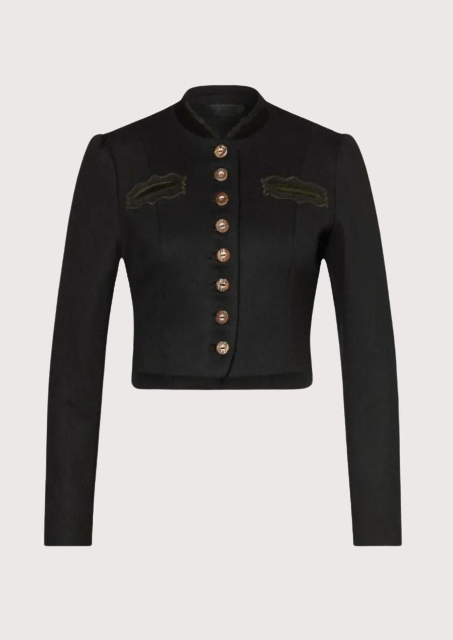Black women’s cropped trachten jacket with stand collar, decorative buttons, and alpine detailing.