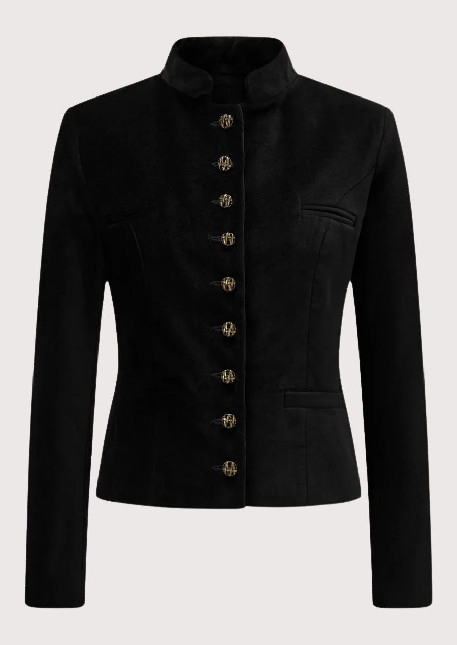 Black women’s trachten jacket with stand collar, gold buttons, and elegant alpine tailoring.