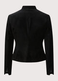 Black women’s trachten jacket with stand collar, gold buttons, and alpine tailoring.