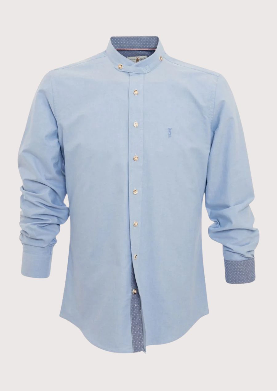 Blue alpine band collar shirt for men with stand collar, premium cotton Bavarian shirt, German Oktoberfest clothing, Alpine traditional shirt, contrast cuff festival wear.