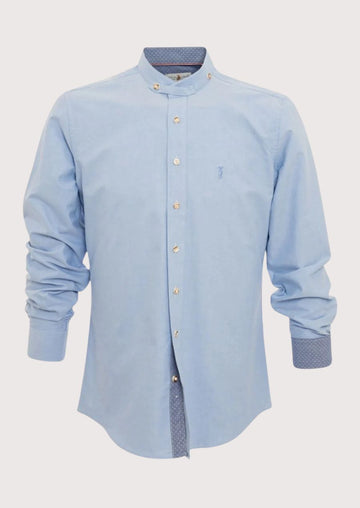 Blue alpine band collar shirt for men with stand collar, premium cotton Bavarian shirt, German Oktoberfest clothing, Alpine traditional shirt, contrast cuff festival wear.
