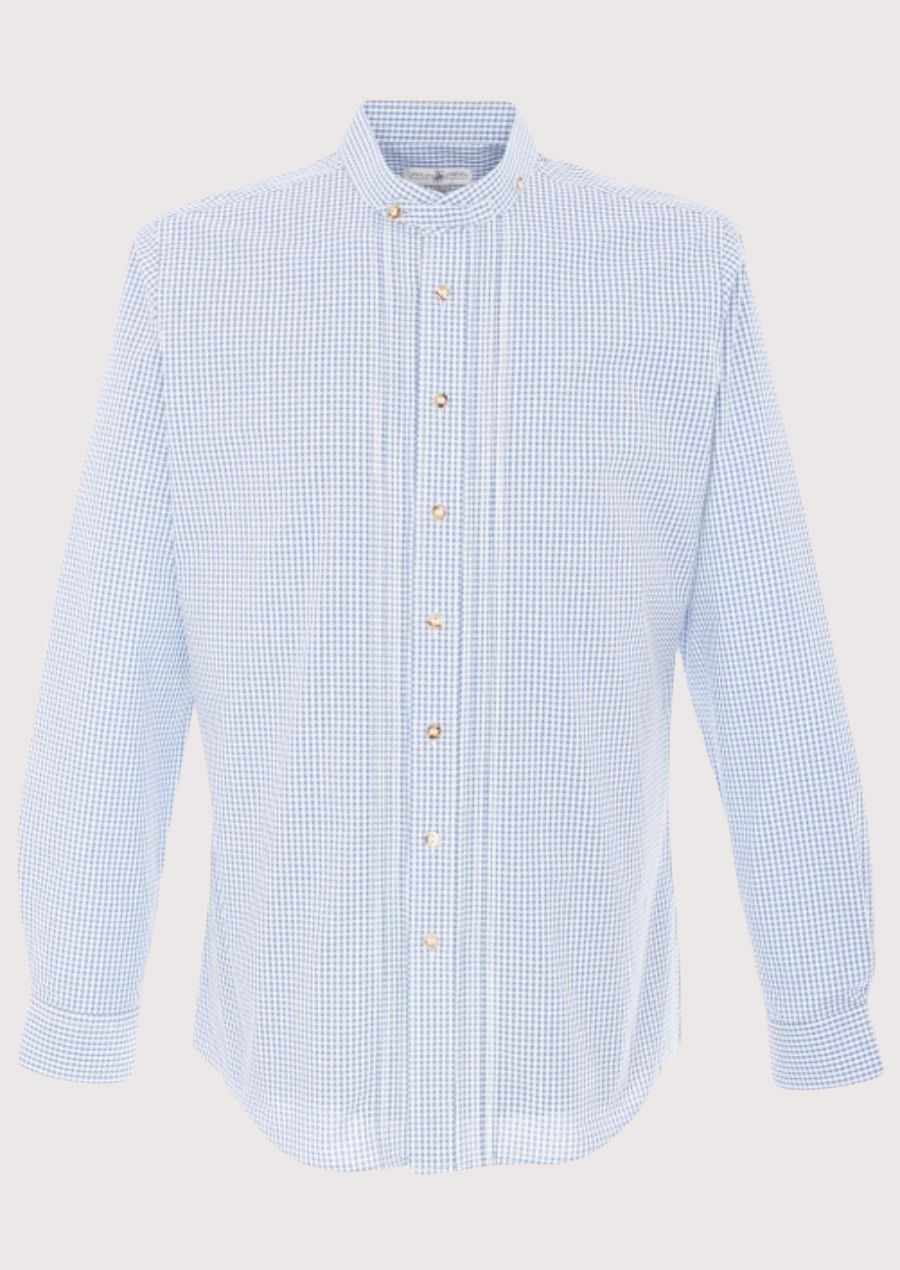 blue alpine cotton check shirt for men, premium cotton Bavarian shirt, Oktoberfest check shirt, German traditional clothing, Alpine festival shirt, blue plaid men's shirt with stand-up collar.