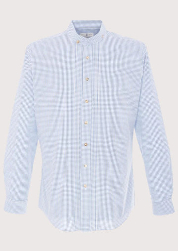 blue alpine cotton check shirt for men, premium cotton Bavarian shirt, Oktoberfest check shirt, German traditional clothing, Alpine festival shirt, blue plaid men's shirt with stand-up collar.