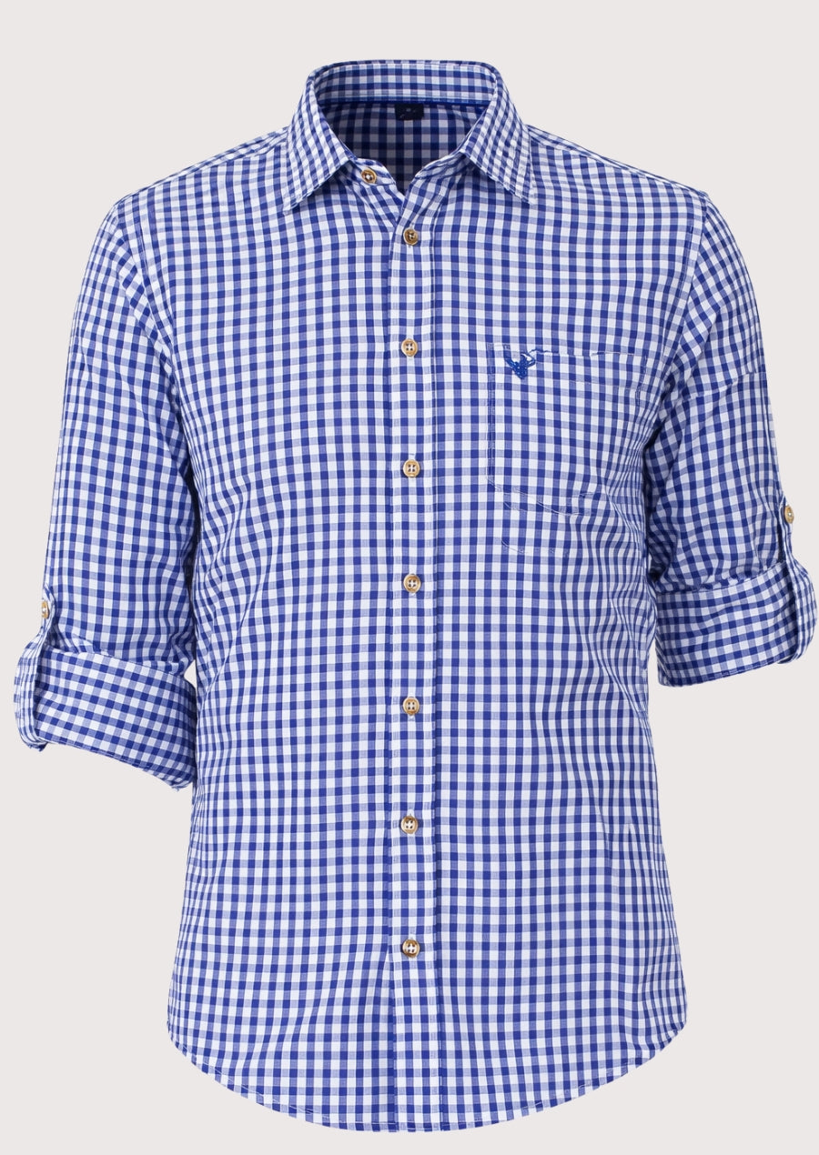 Blue bavarian check cotton shirt for men with classic check pattern, Bavarian Oktoberfest shirt, German Alpine clothing, traditional button-down shirt, premium cotton festival wear.