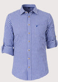 Blue bavarian check cotton shirt for men with classic check pattern, Bavarian Oktoberfest shirt, German Alpine clothing, traditional button-down shirt, premium cotton festival wear.