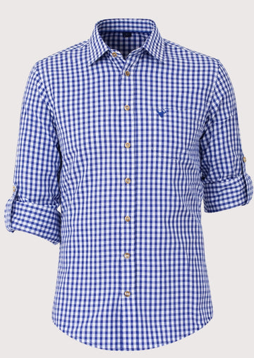 Blue bavarian check cotton shirt for men with classic check pattern, Bavarian Oktoberfest shirt, German Alpine clothing, traditional button-down shirt, premium cotton festival wear.