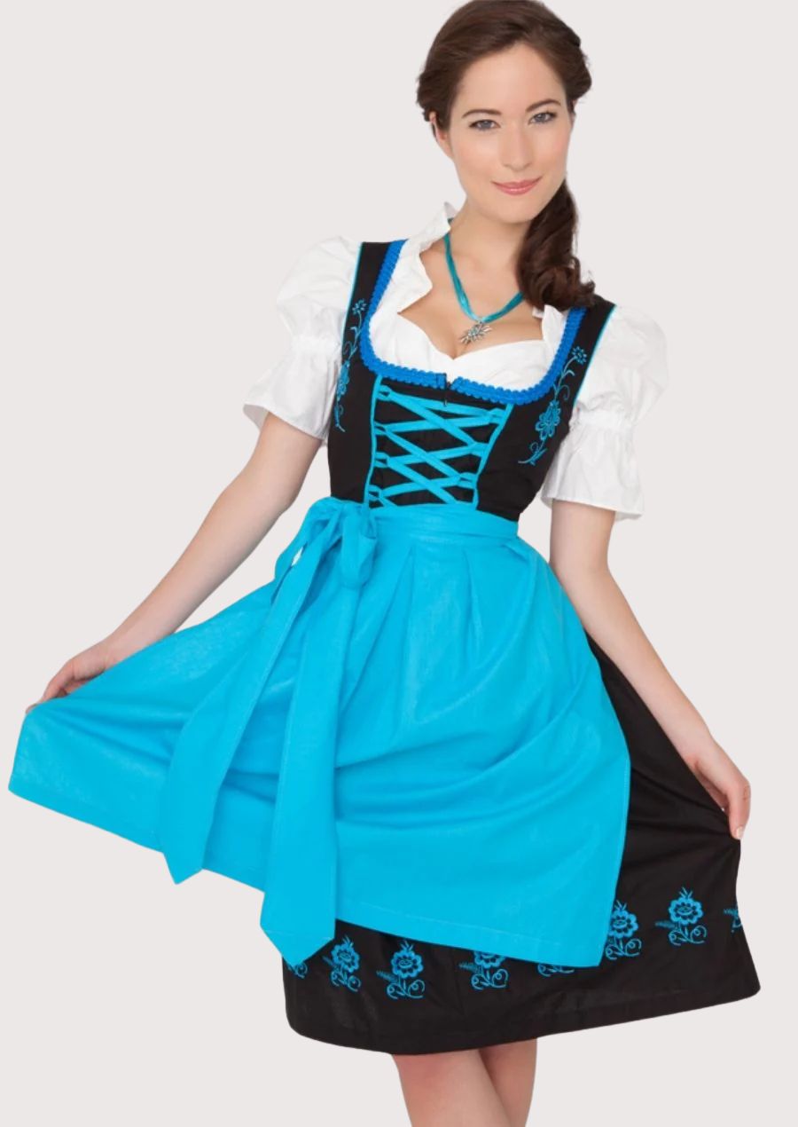 Blue floral embroidered Dirndl dress for women with embroidered bodice, blue apron, white puff sleeve blouse, traditional Bavarian Oktoberfest outfit, authentic German Alpine clothing.