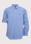 Blue gingham cotton Trachten shirt for men, premium cotton Bavarian shirt, Oktoberfest check shirt, German traditional clothing, Alpine festival shirt, classic blue plaid men's shirt.