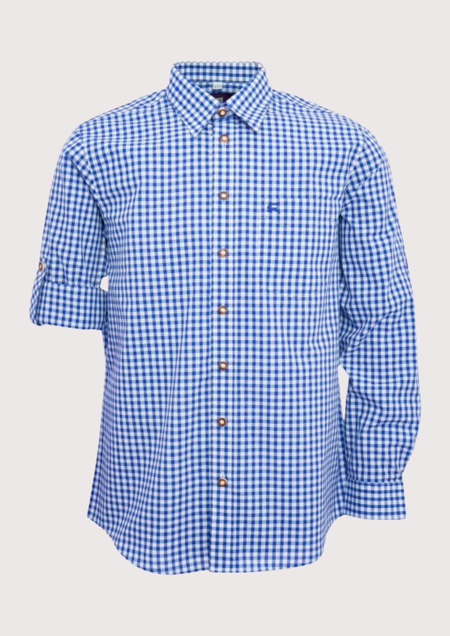Blue gingham cotton Trachten shirt for men, premium cotton Bavarian shirt, Oktoberfest check shirt, German traditional clothing, Alpine festival shirt, classic blue plaid men's shirt.