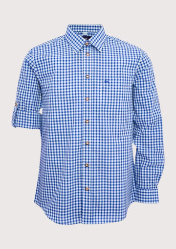 Blue gingham cotton Trachten shirt for men, premium cotton Bavarian shirt, Oktoberfest check shirt, German traditional clothing, Alpine festival shirt, classic blue plaid men's shirt.