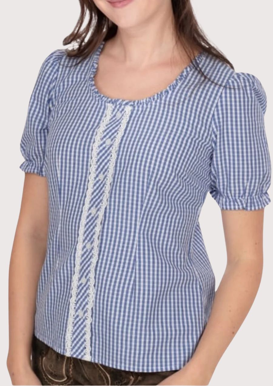 Elegant checked Dirndl blouse for women, designed for festivals like Oktoberfest with button detailing and a flattering fit.