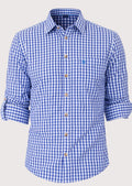 Blue oktoberfest check shirt for men, premium cotton Bavarian shirt, blue check Oktoberfest shirt, German traditional clothing, Alpine festival shirt, classic blue plaid men's shirt.
