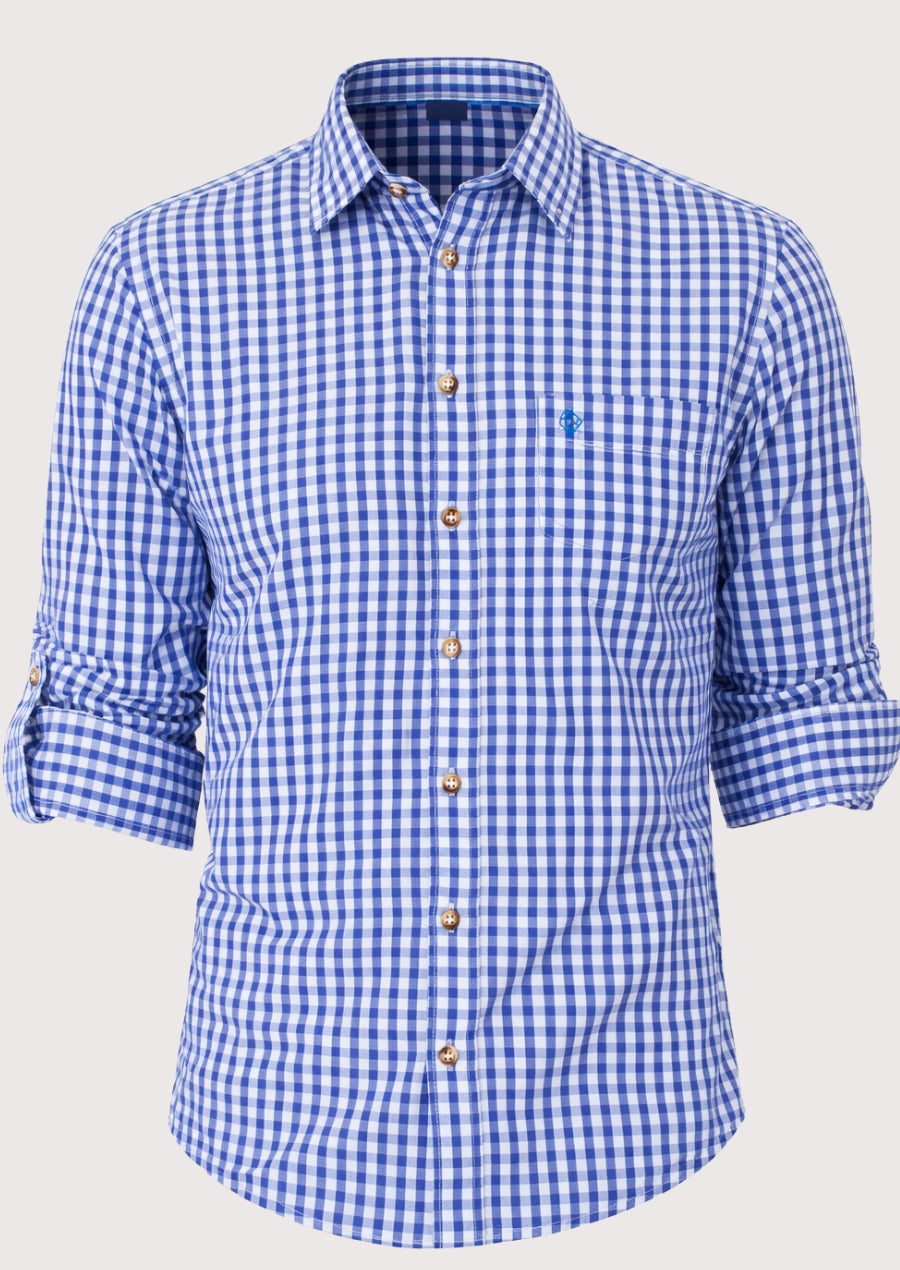 Blue oktoberfest check shirt for men, premium cotton Bavarian shirt, blue check Oktoberfest shirt, German traditional clothing, Alpine festival shirt, classic blue plaid men's shirt.