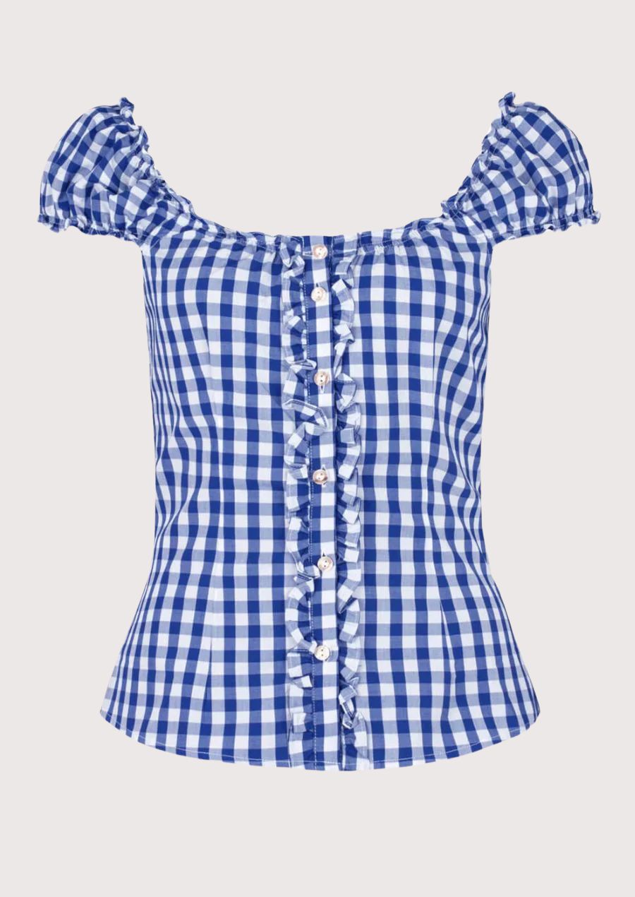 Blue oktoberfest ruffle blouse for women, premium cotton Bavarian blouse, Oktoberfest women's top, ruffle front Alpine blouse, traditional German Trachten clothing.