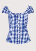Blue oktoberfest ruffle blouse for women, premium cotton Bavarian blouse, Oktoberfest women's top, ruffle front Alpine blouse, traditional German Trachten clothing.