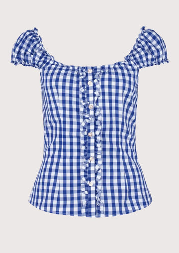 Blue oktoberfest ruffle blouse for women, premium cotton Bavarian blouse, Oktoberfest women's top, ruffle front Alpine blouse, traditional German Trachten clothing.