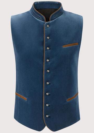 Blue velvet Trachten vest for men with embroidered stand collar, Bavarian waistcoat, traditional German Oktoberfest vest, Alpine heritage clothing, authentic Trachten menswear, premium Tyrolean vest.