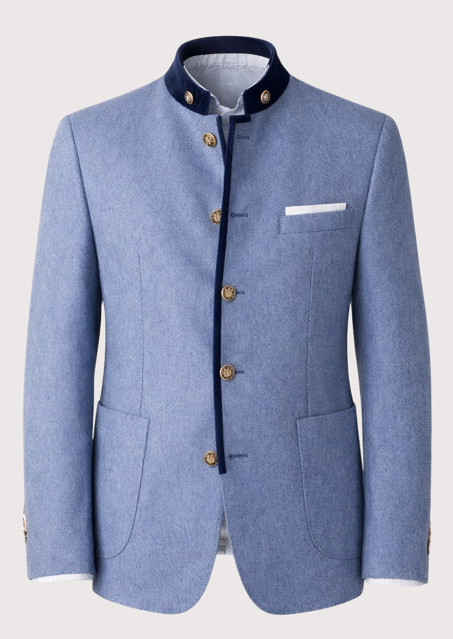 Men's Blue Wool Trachten Jacket Navy Trim, stand collar, Bavarian blazer, traditional German jacket, Alpine formalwear, Oktoberfest coat, premium heritage menswear, elegant Trachten fashion, authentic Bavarian clothing, and tailored Alpine style