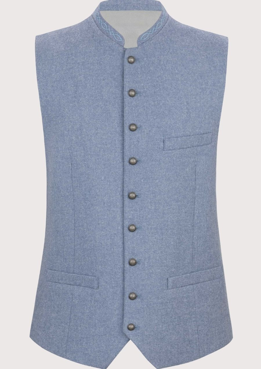 Blue Wool Trachten Vest for Men with stand collar, Bavarian waistcoat, Oktoberfest vest, charcoal lederhosen, traditional German clothing, Alpine heritage menswear.