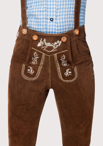 Brown Acorn Leather Bundhosen Set with embroidered deer artwork, suspenders, and timeless Bavarian appeal.