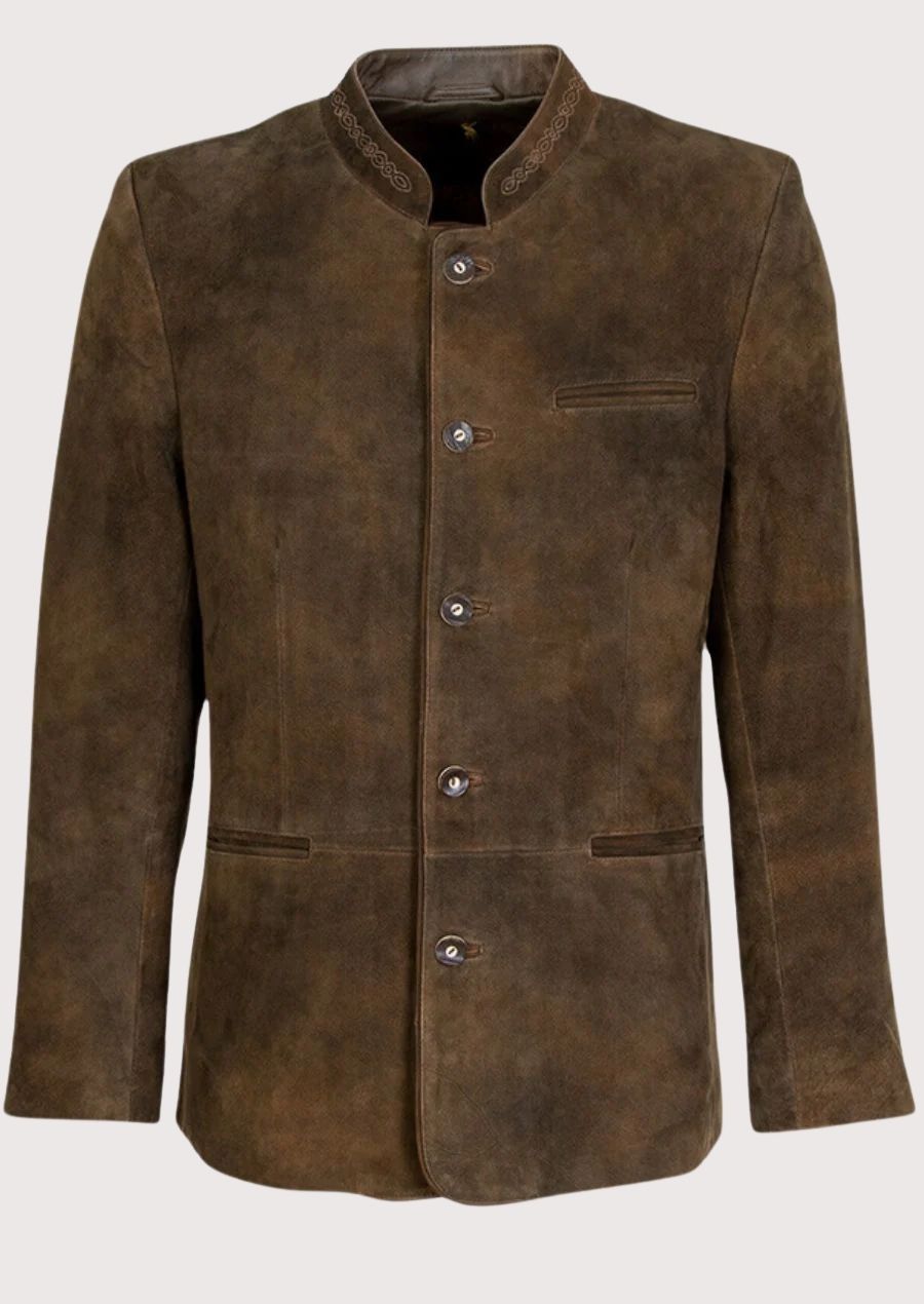 Brown Alpine Suede Heritage Jacket for men with embroidered stand collar, premium Bavarian leather jacket, traditional German Oktoberfest coat, Alpine suede blazer, authentic Trachten menswear, classic Tyrolean jacket, heritage Bavarian fashion.