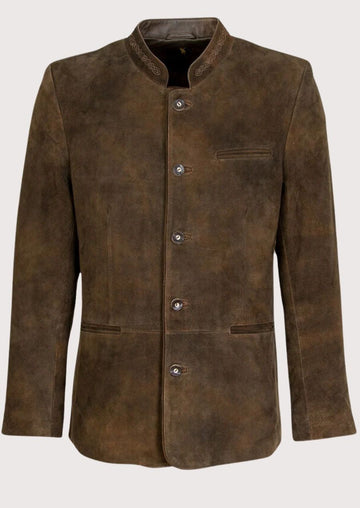 Brown Alpine Suede Heritage Jacket for men with embroidered stand collar, premium Bavarian leather jacket, traditional German Oktoberfest coat, Alpine suede blazer, authentic Trachten menswear, classic Tyrolean jacket, heritage Bavarian fashion.