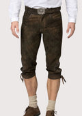 Brown Bundhosen With Knife Pocket with knee ties, rustic Bavarian craftsmanship, traditional Alpine styling, and Oktoberfest heritage design