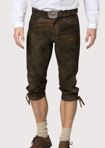 Brown Bundhosen With Knife Pocket with knee ties, rustic Bavarian craftsmanship, traditional Alpine styling, and Oktoberfest heritage design